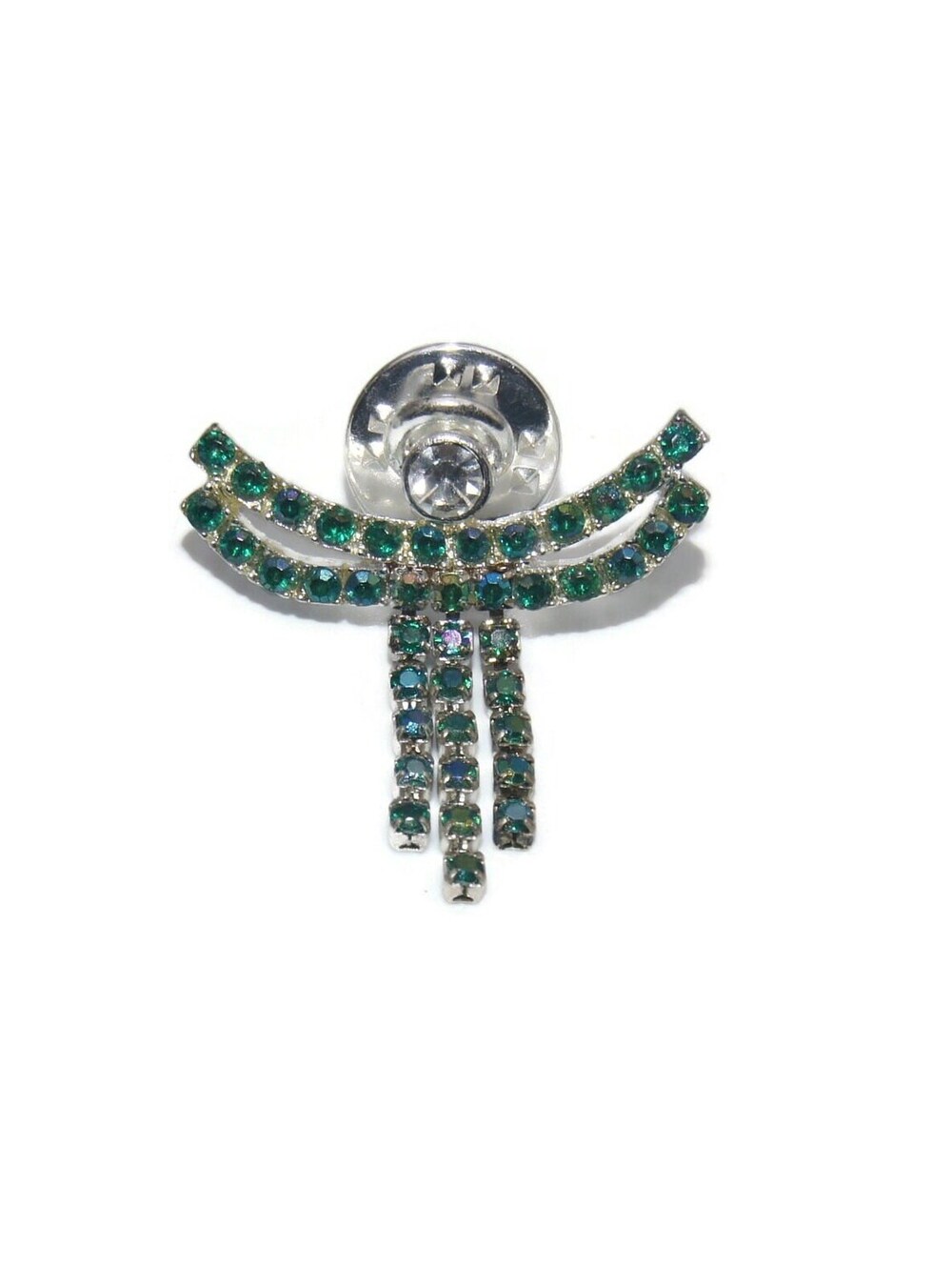 Vintage Silver Tone with Clear and Green AB Rhinestones Angel Lapel Pin.
